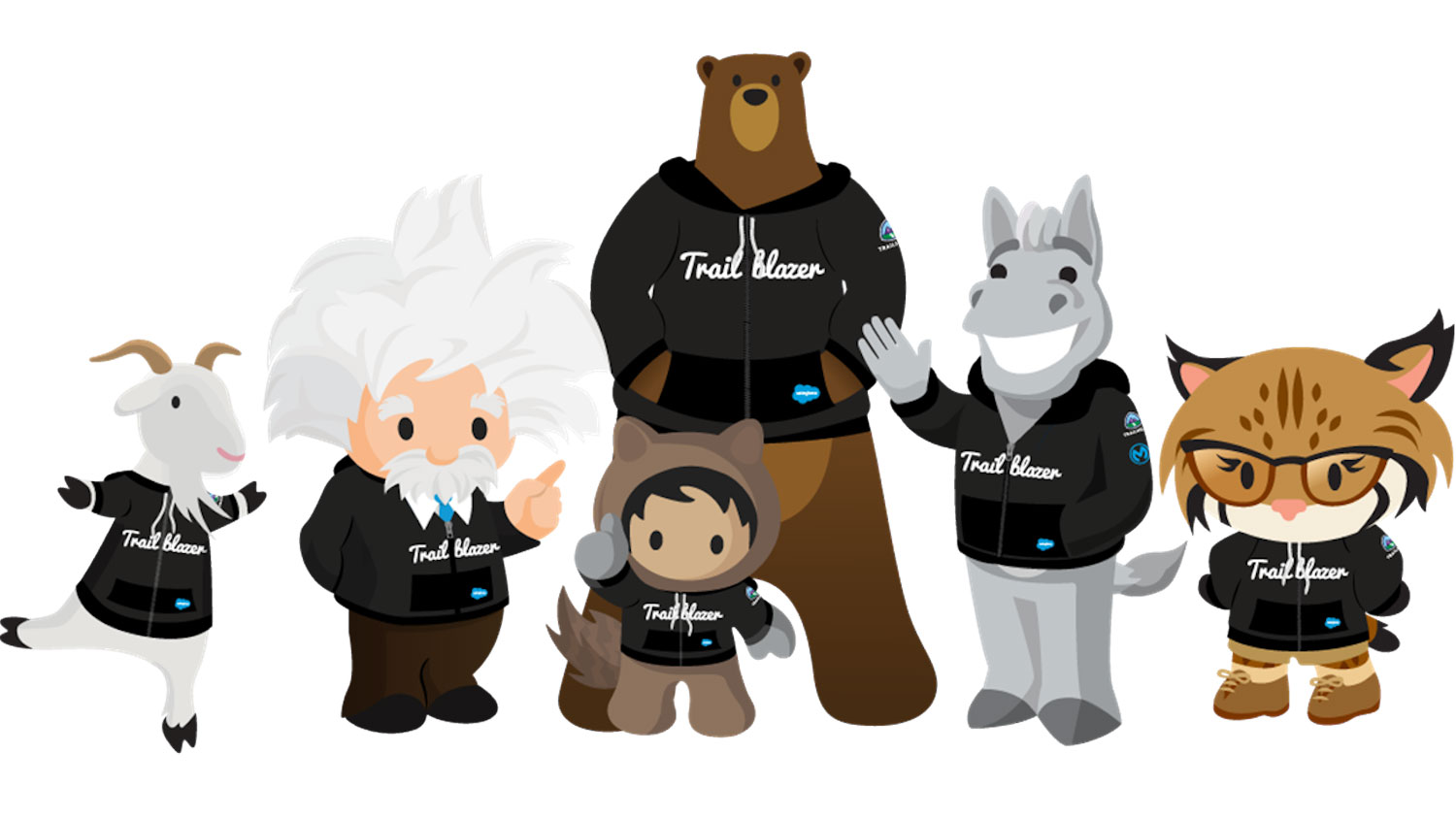 Salesforce characters wearing Trailblazer hoodies