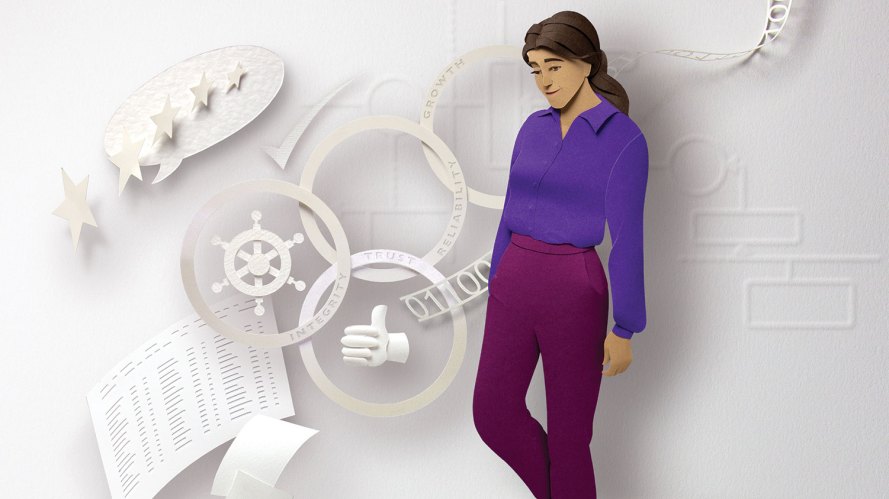 illustration of a woman standing with machine cogs