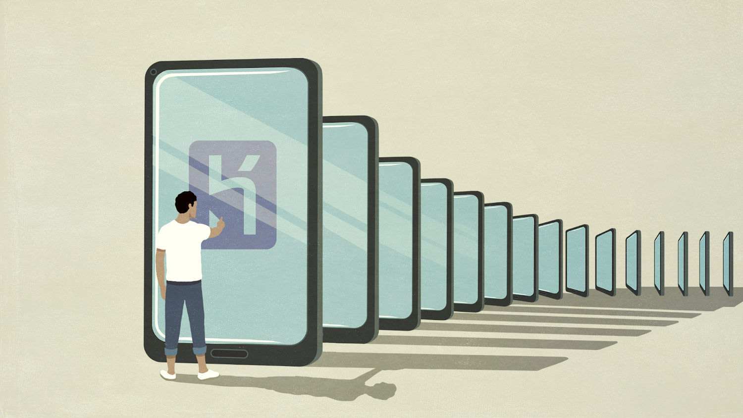 Illustration of a guy standing in front of multiple mobile phones. There is a Heroku logo on the screen closest to him and he's touching it.