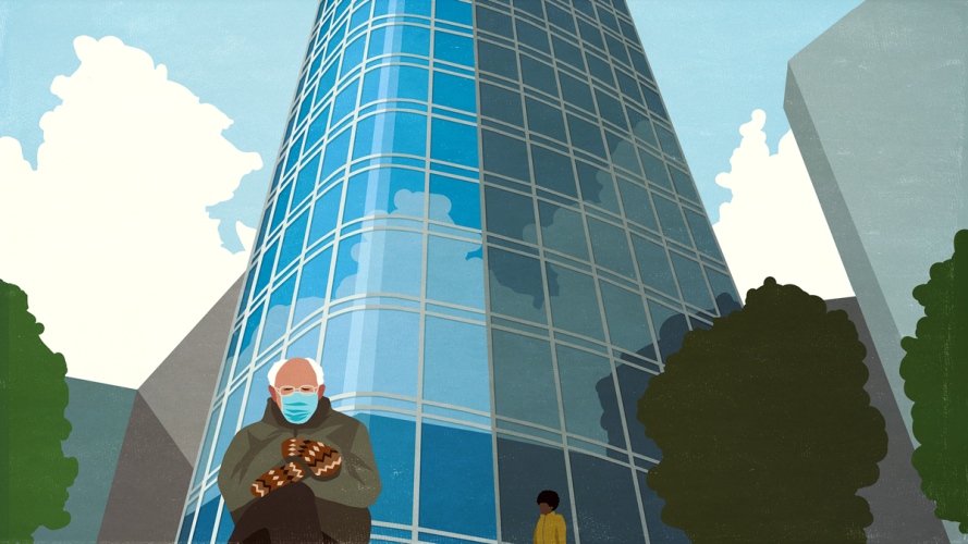Illustration of "Bernie sits" meme photo in front of the San Francisco Salesforce Tower Heroku IT developers