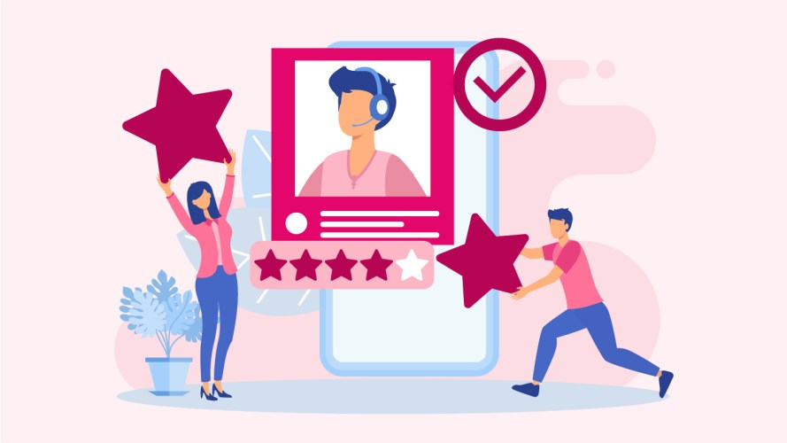 Illustration on a pink background of a customer service agent celebrating a 5-star rating. There’s a customer service agent illustrated over a mobile device, and two customers awarding stars. / principles of customer service