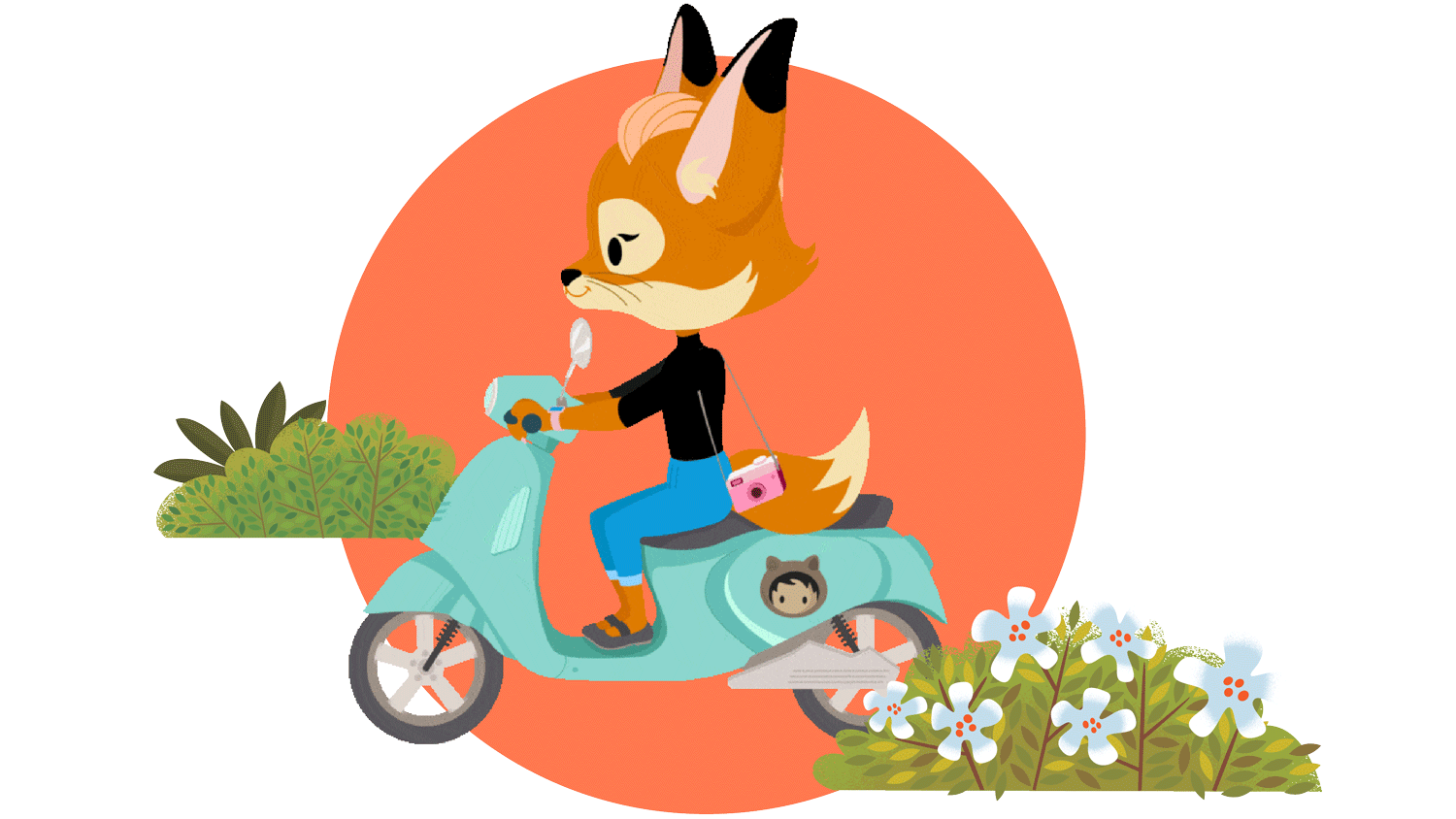 Brandy, a fox, the marketer riding on a scooter with an orange circle behind her.