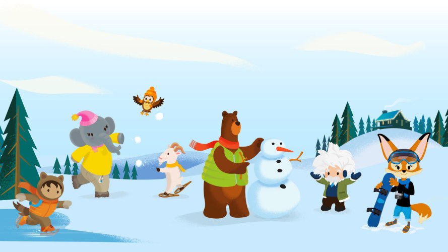 An illustration showing Salesforce characters celebrating the winter release preview.