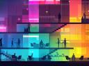 Illustration of teams on stairs silhouetted with rainbow colors.