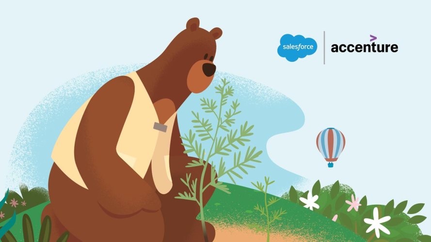 Salesforce bear mascot illustration with the Salesforce and Accenture logos