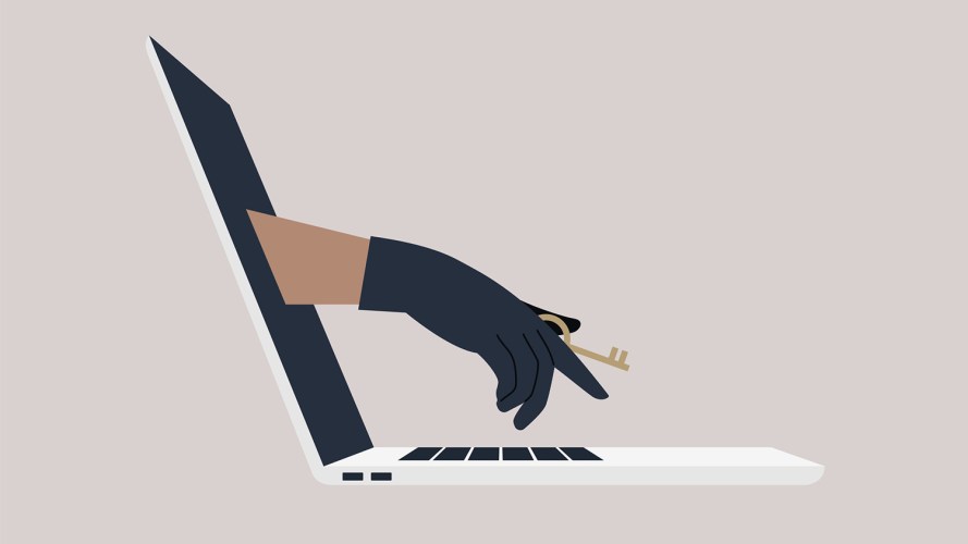 Hand with a black glove, coming out of a laptop screen and holding a key over the keyboard / how to secure data