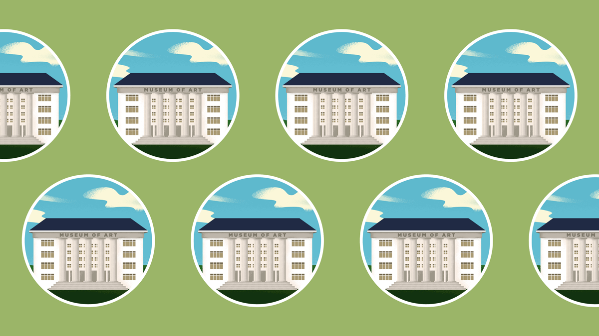 Illustration of an art museum with white pillars and navy roof. Against a green background