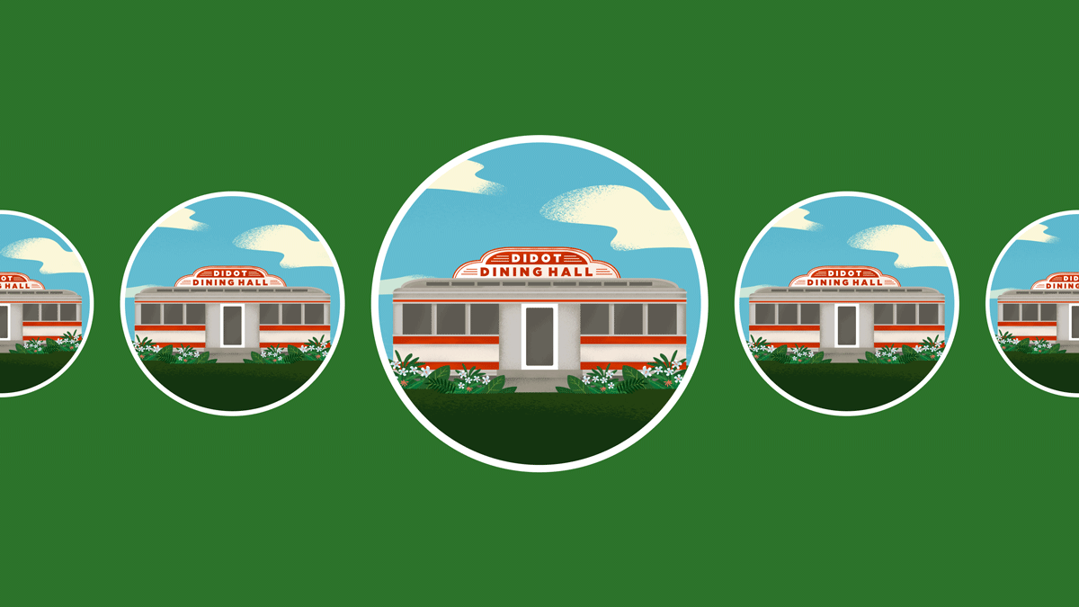 Illustration of a 1950s-looking diner called Didot Dining Hall. Against dark green background - relationship building distributed teams