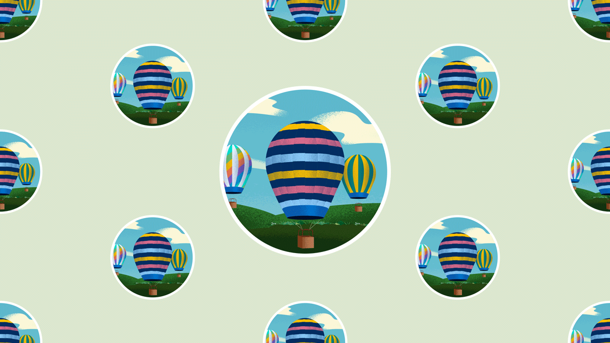 Illustration of hot air balloons against a light green background.