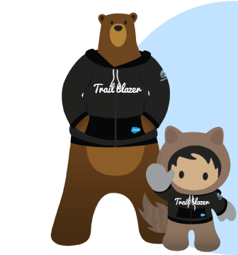 Astro and Codey in black Trailblazer hoodies against a light blue half circle