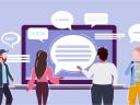 An illustration showing people talking around a laptop: slack communities for marketers