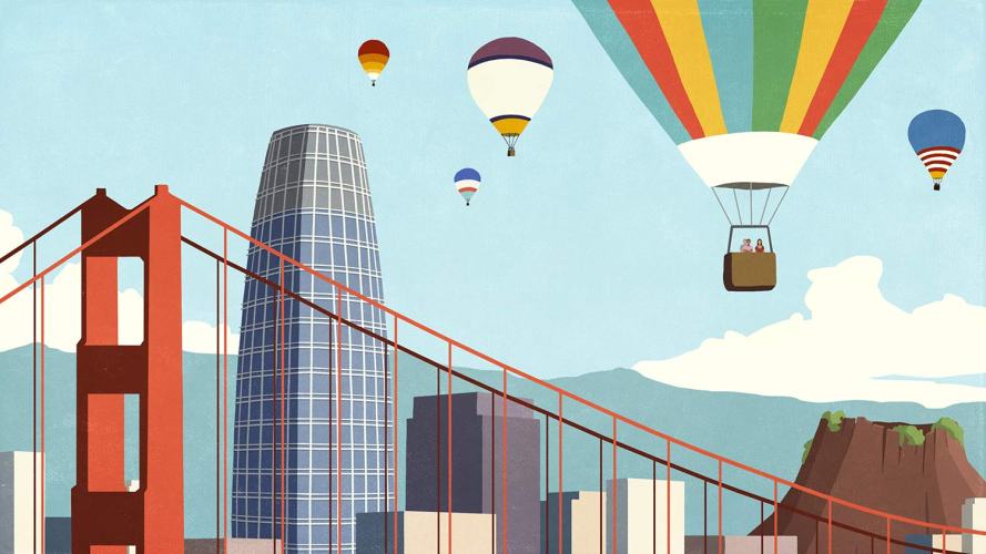 The future of commerce: An illustration showing buildings and balloons in San Francisco.