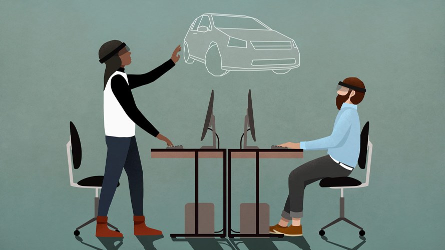 An illustration showing two people working on computers, wearing VR headsets and looking at a hologram of a car.