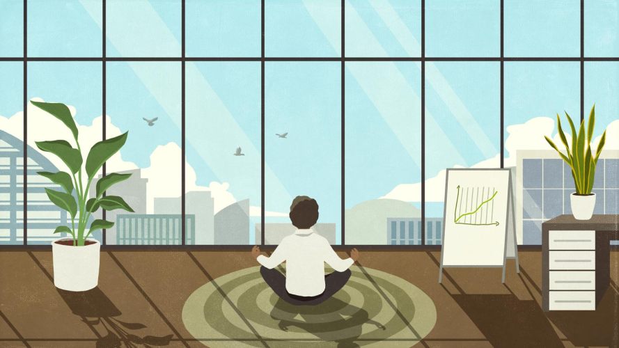Man relaxing in an office with rapid revenue growth displayed on a chart: new sales performance metrics