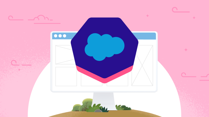 Salesforce certification logo shown against a PC screen on a pink background