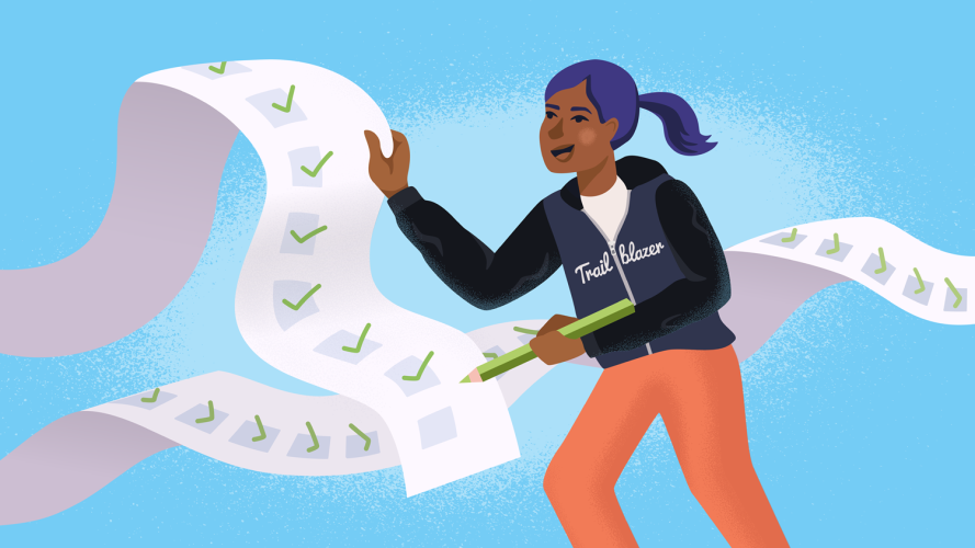 Illustration of a Trailblazer in the iconic black hoodie checking off a load of items of her to-do list
