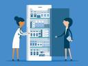 Doctor and pharmaceutical rep chatting over medical cabinet: AI medical sales relationships life sciences