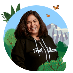 Profile photo of Deepa Patel in the iconic black Trailblazer hoodie against a mountain background