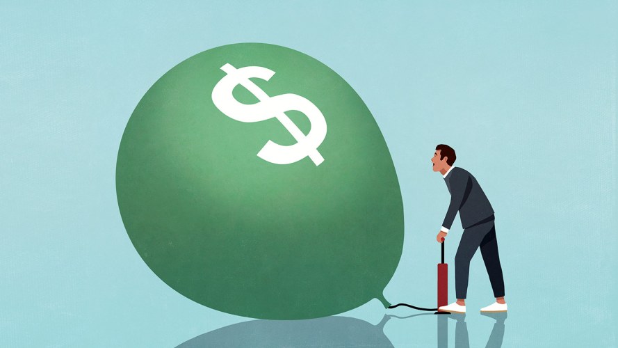 An illustration showing a person pumping up a balloon with a dollar sign on it: effects of inflation on economy.