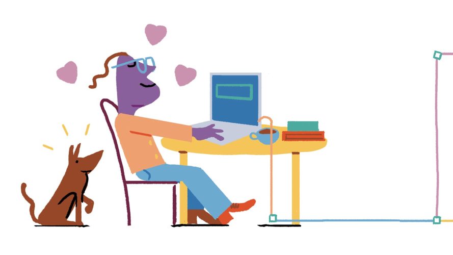 illustration of a person sitting at their computer with their dog