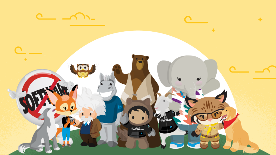Group of all the Salesforce characters standing on a green hill against a yellow background