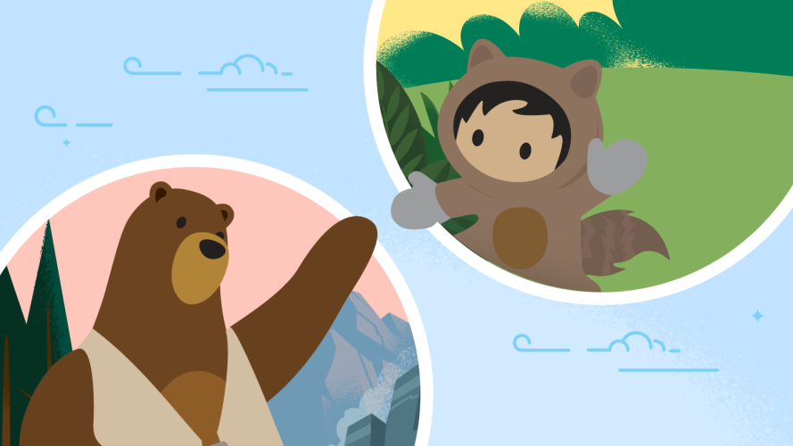Salesforce characters Astro and Codey in circles with greenery and mountains reaching towards each other against a blue sky
