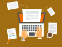 An illustration depicting a business plan in detail at a computer