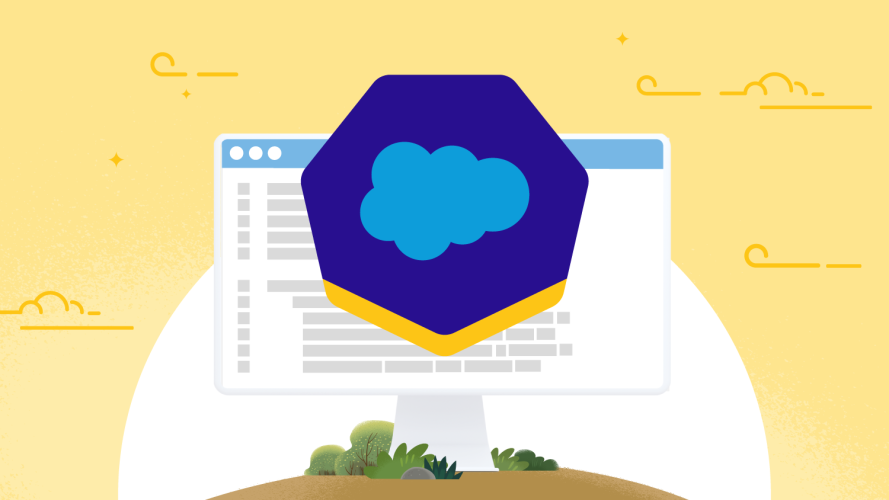 The Salesforce certification logo on top of an illustration of a computer against a yellow background