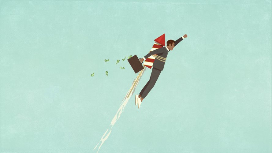 An illustration showing a man with a briefcase and a rocket on his back firing into space: Moonshot mindset