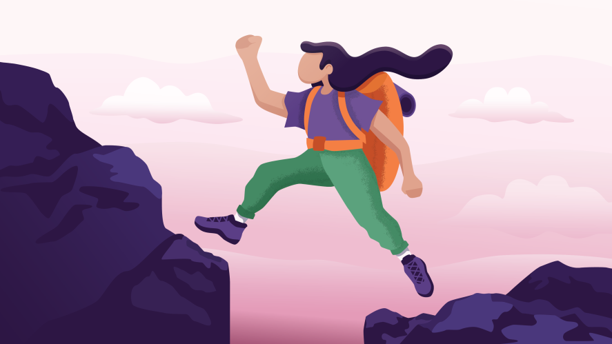 Illustration of a woman in a backpack leaping over a gap in a cliff - head up, no fear.