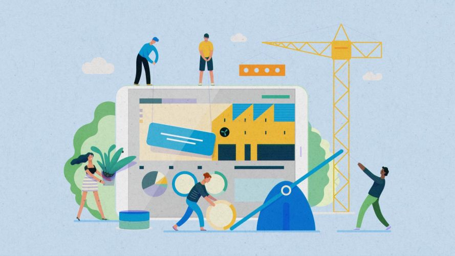 Illustration of five (5) people working together to build a working environment: email design system