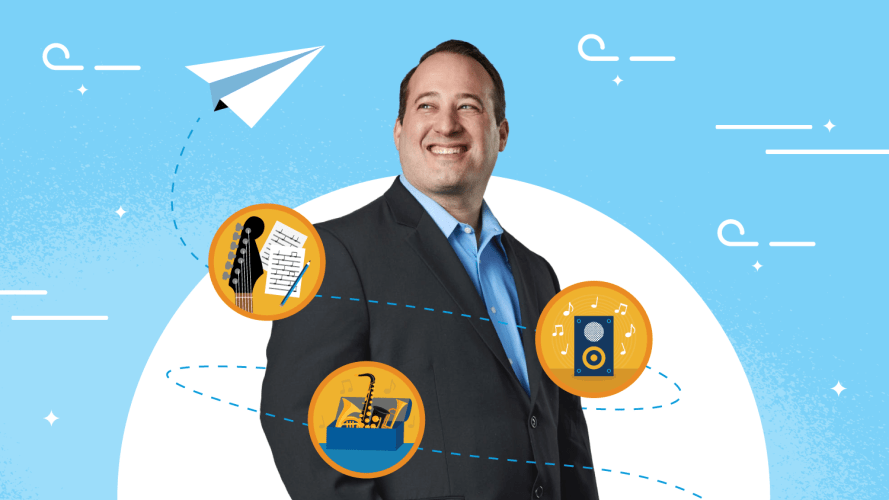 Certified Instructor, Brian Richardson, standing against a blue background with a paper plane flying past three Trailhead Marketing Cloud badges