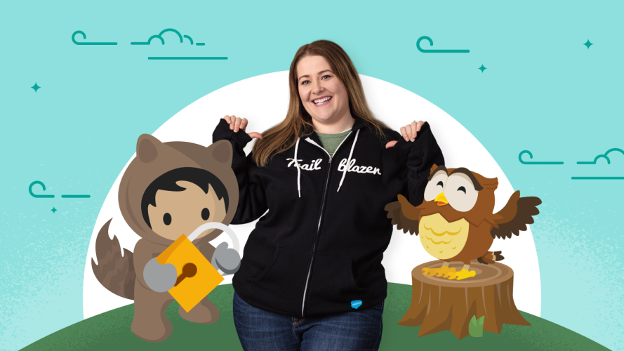 Trailblazer in an iconic black hoodie against a green background stood between Astro holding a lock and Hootie on a tree stump.