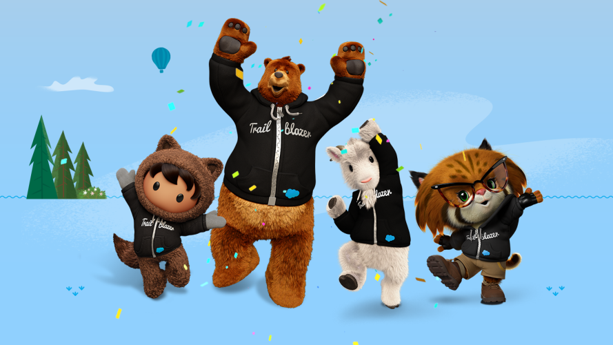 Astro, Codey, Cloudy, and Appy all dressed in iconic Trailblazer hoodies celebrating in a confetti-covered scene