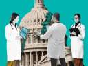 illustration of three people in doctor coats standing around the capitol building