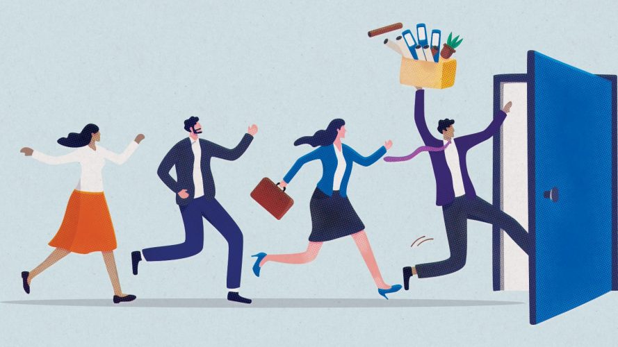 illustration of (4) professionally dressed people running towards an exit door: sales great resignation