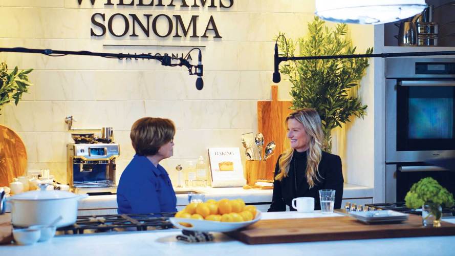 Monica Langley of Salesforce and Laura Alber of Williams-Sonoma talking inside the Williams-Sonoma test kitchen