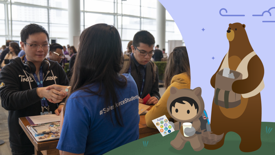 Trailblazers meeting and talking together at a career fair event; Astro and Codey with backpacks and maps look on.