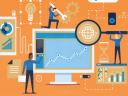 An illustration showing three people around a large computer monitor holding tools. Web analytics.