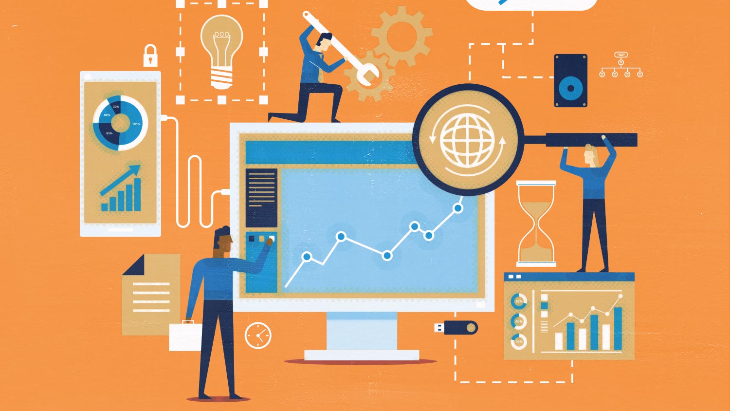 An illustration showing three people around a large computer monitor holding tools. Web analytics.