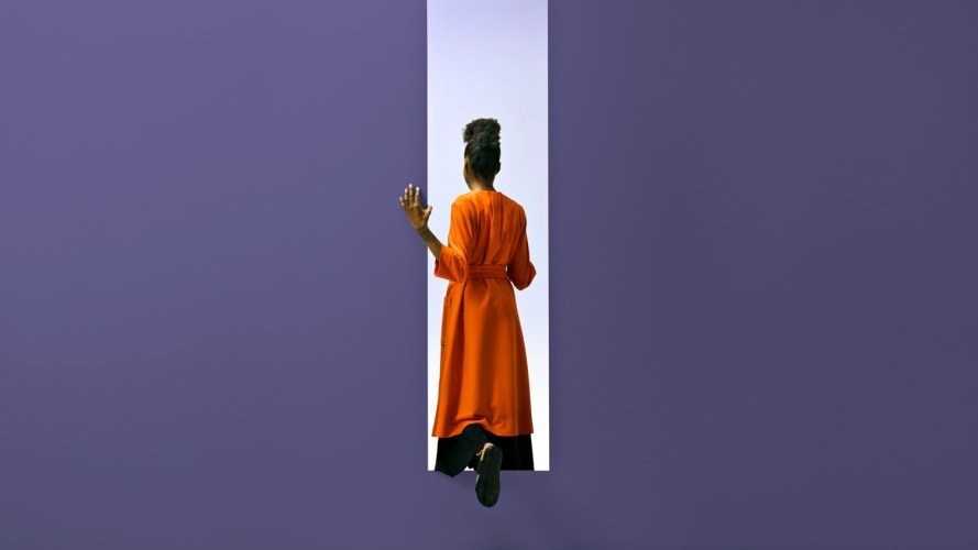 Illustration of a woman walking through a door. Keeping customers happy