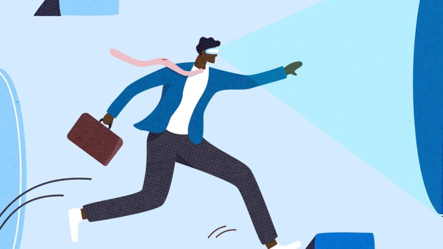 An illustration of a man holding a briefcase hopping on to high-tech steps. Metaverse shopping.
