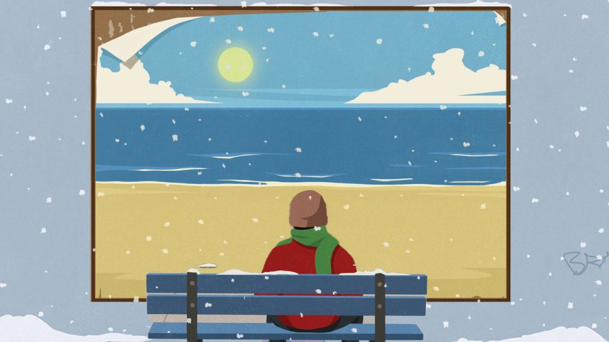The back view of a person wearing a scarf/coat, sitting on a bench, staring at the seashore: Brand messaging