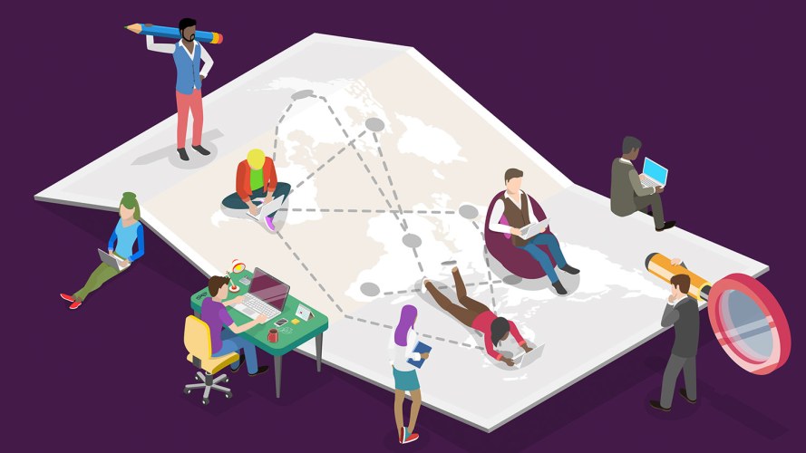 An illustration showing global marketing people sitting on a map working together.