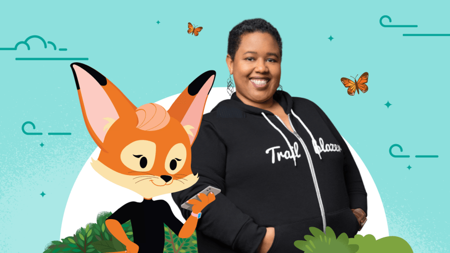 Salesforce character Brandy holding a mobile phone together with Marketing Trailblazer Rochelle Hinds