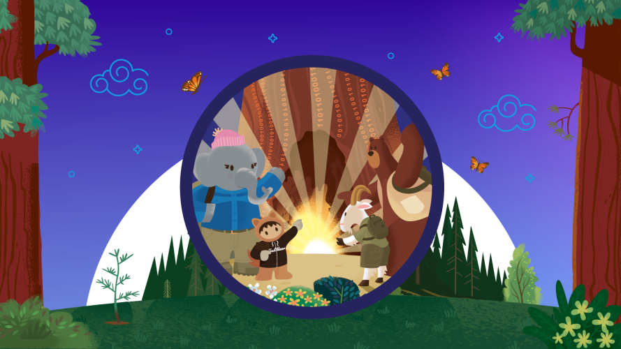 TDX Trailhead badge with Salesforce characters Ruth, Astro, Codey, and Cloudy in a forest setting.