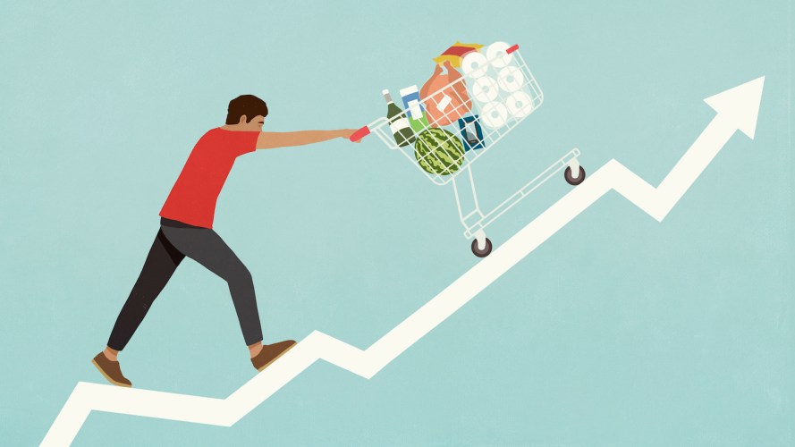 Illustration of a man pushing a shopping cart with groceries on a white arrow trending up / consumer goods industry trends