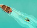 illustration of a person waterskiing in turquoise colored water, pulled by a brown boat / sandbox preview