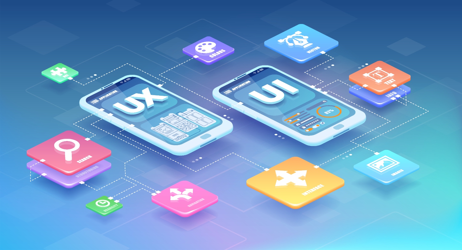 Illustration of two cellphones showcasing UX and UI floating with similar icons with arrows around them in various blues.