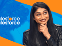 Close-up of woman holding her chin against a blue and orange background. Salesforce on Salesforce tells you how to deliver a successful product launch